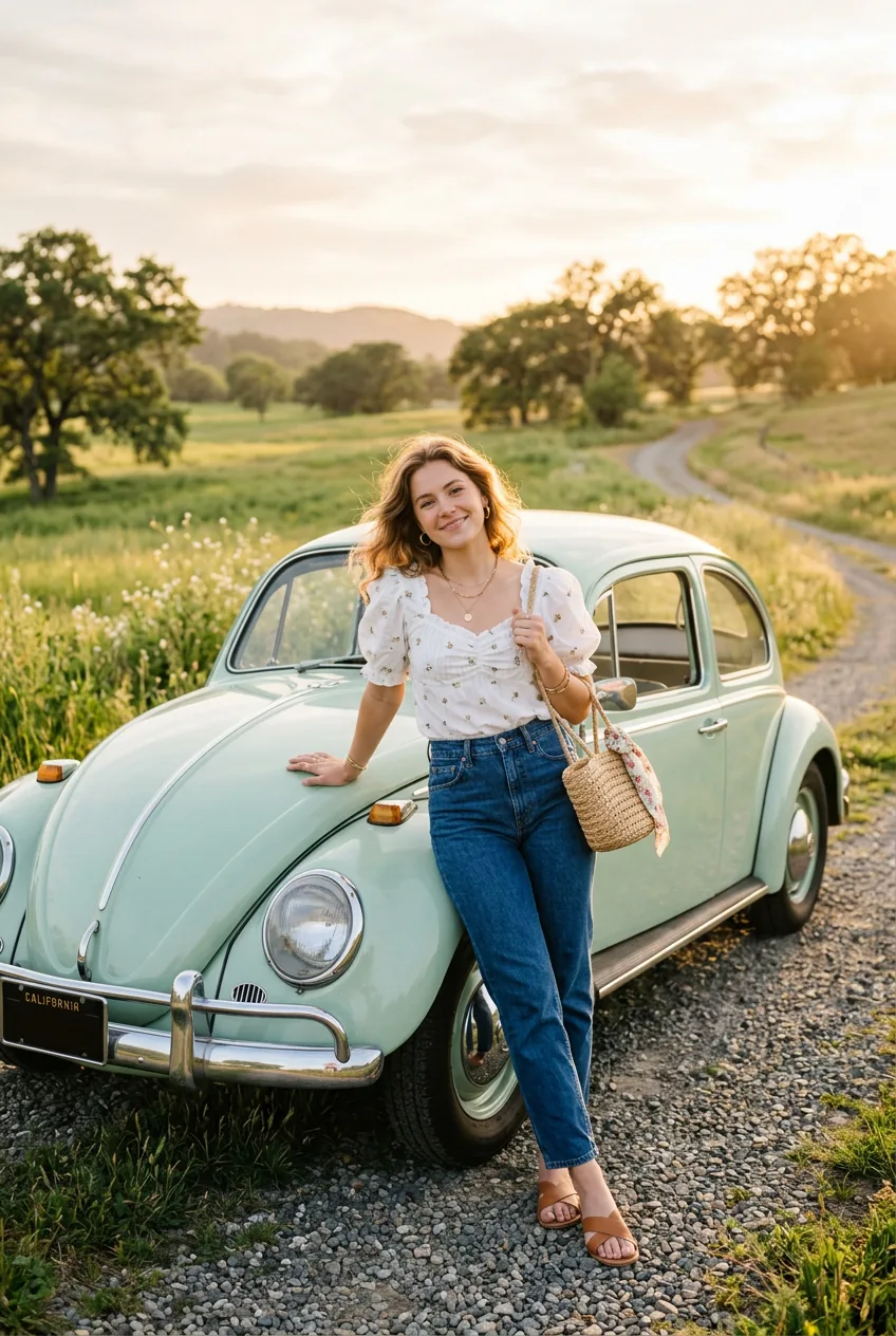 Woman wearing high-waisted jeans and puff-sleeve blouse leaning against vintage car in golden light