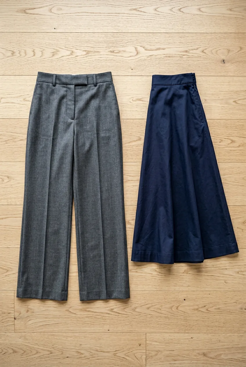 High-waisted charcoal trousers and navy midi skirt showing clean tailored lines on wood floor