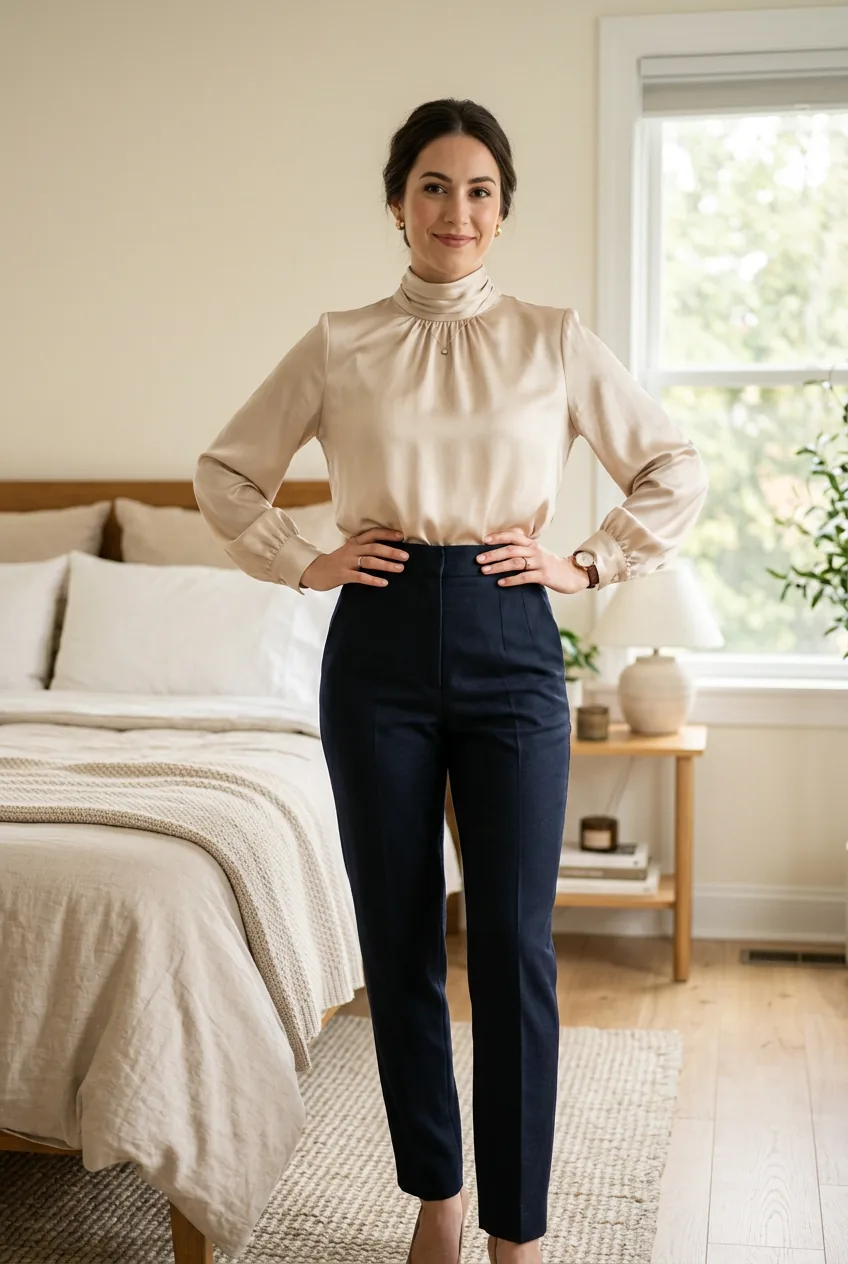 Woman wearing high-waisted trousers with perfectly tucked silk blouse showing proportions
