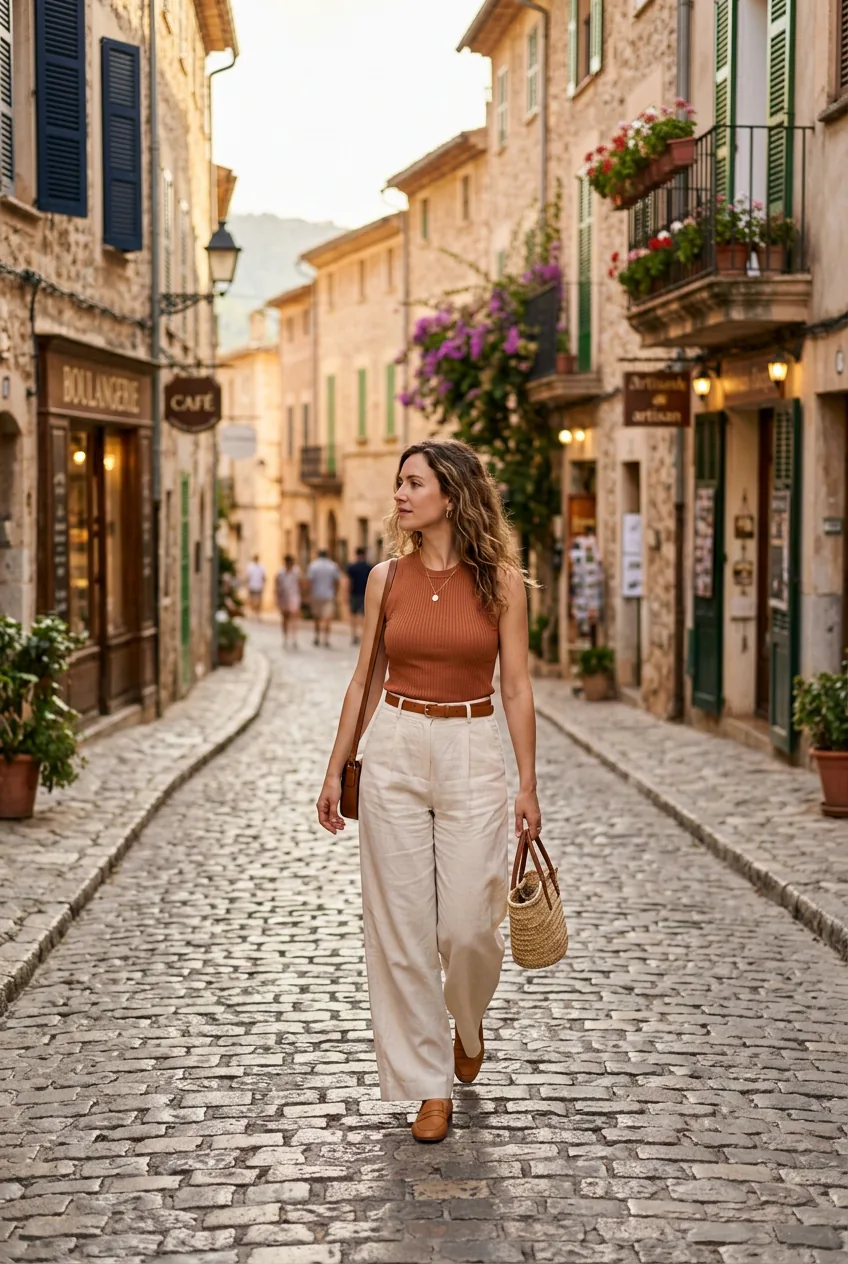 Woman in high-waisted cream wide leg trousers with fitted knit top walking cobblestone street