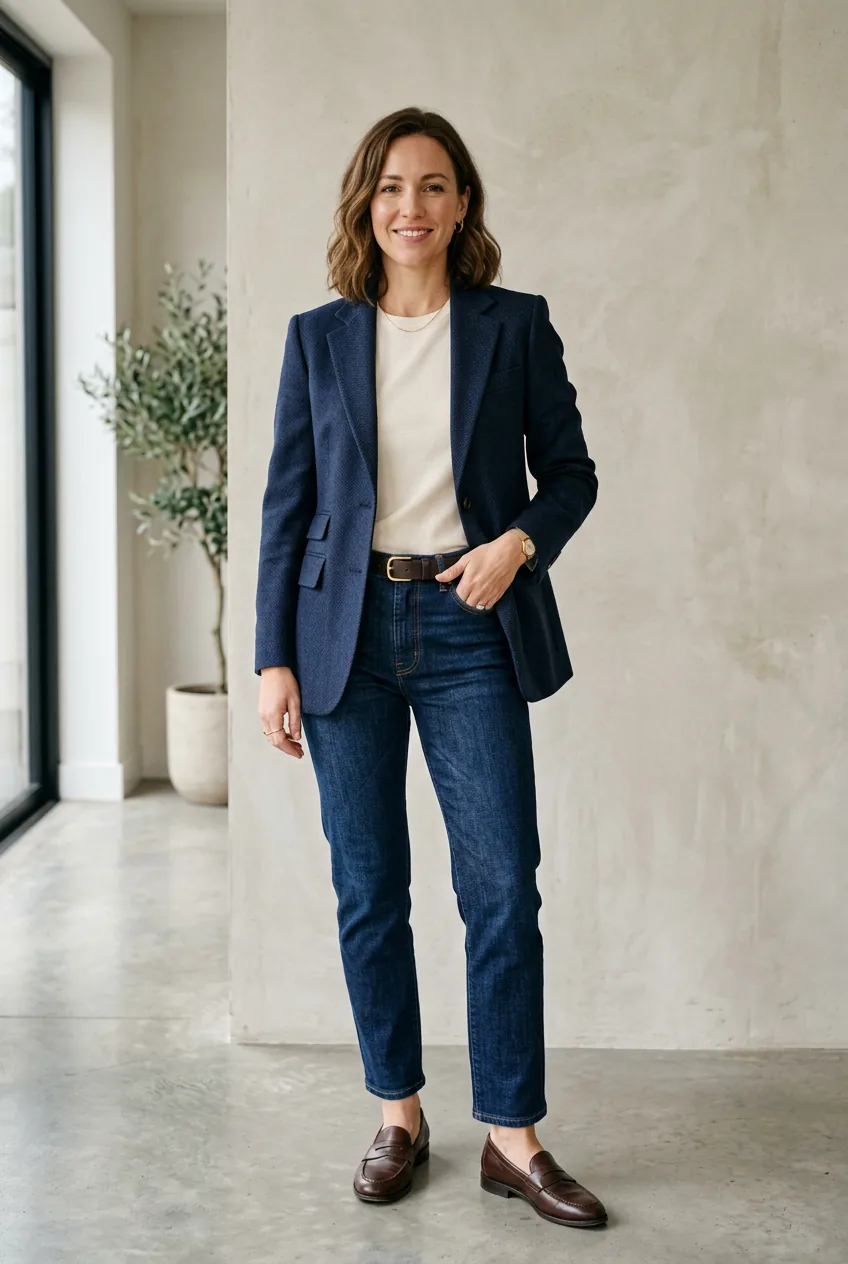 Woman wearing high-quality investment blazer and perfectly fitted jeans showing quality fabrics and tailoring