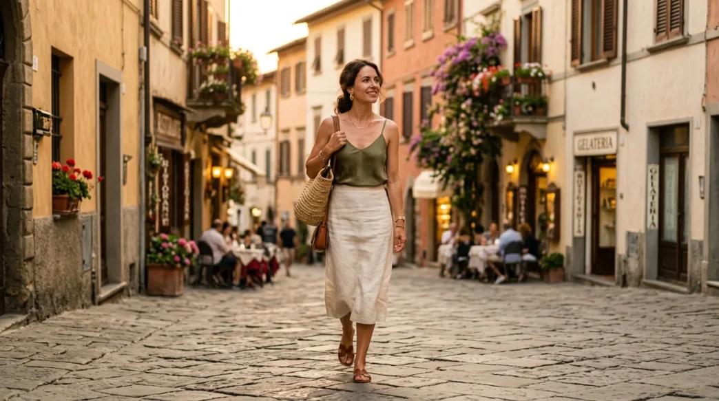 Woman in effortlessly chic Italian summer outfit walking European cobblestone street during golden hour