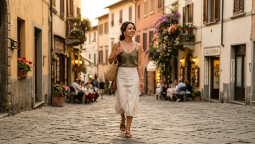 Woman in effortlessly chic Italian summer outfit walking European cobblestone street during golden hour