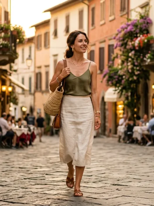 Woman in effortlessly chic Italian summer outfit walking European cobblestone street during golden hour