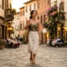 Woman in effortlessly chic Italian summer outfit walking European cobblestone street during golden hour