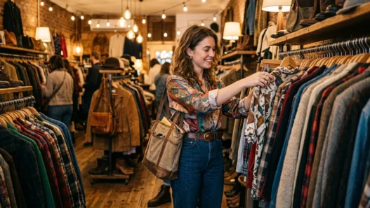 Woman browsing through Japanese vintage clothing rack in warmly lit boutique with golden lighting