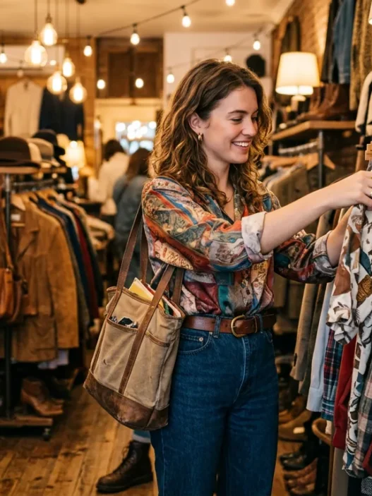 Woman browsing through Japanese vintage clothing rack in warmly lit boutique with golden lighting