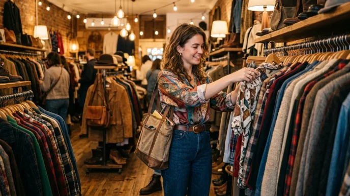 Woman browsing through Japanese vintage clothing rack in warmly lit boutique with golden lighting