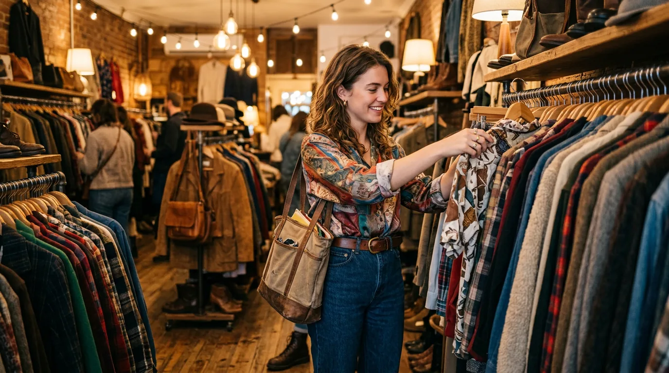 Woman browsing through Japanese vintage clothing rack in warmly lit boutique with golden lighting