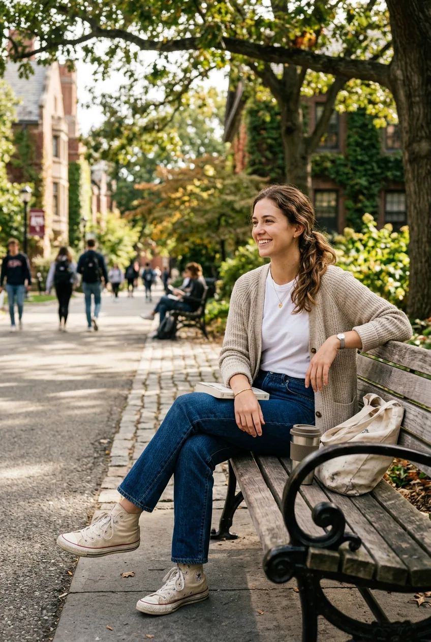 Woman in straight-leg jeans and cardigan showing put-together casual style