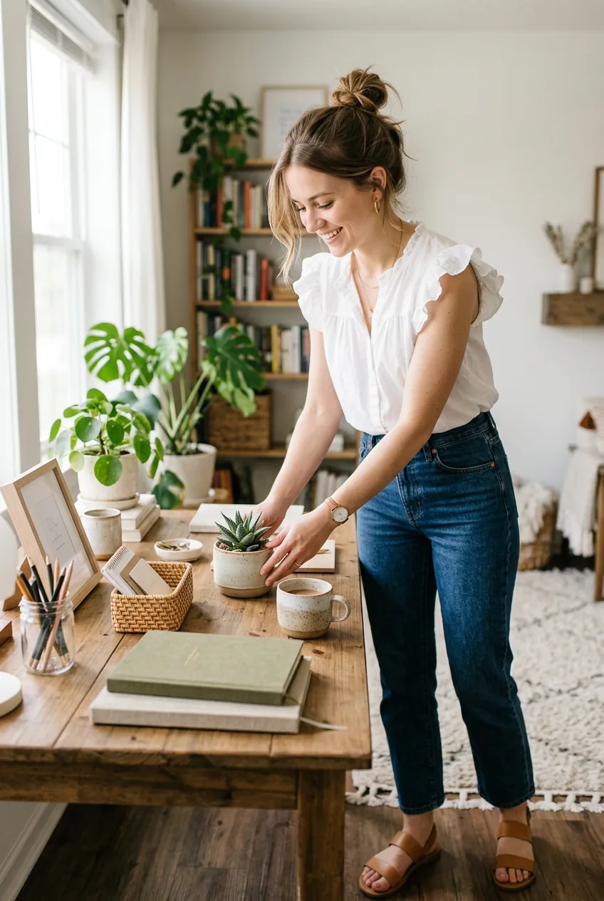 Woman wearing dark wash jeans and ruffle-sleeve top organizing items on table in bright indoor light