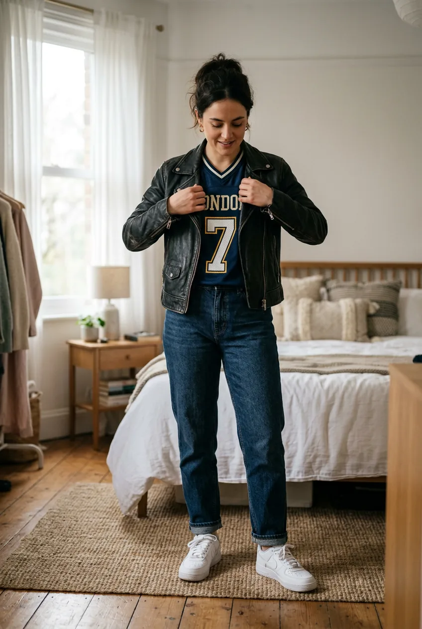 Woman wearing football jersey layered under black leather jacket creating textural contrast