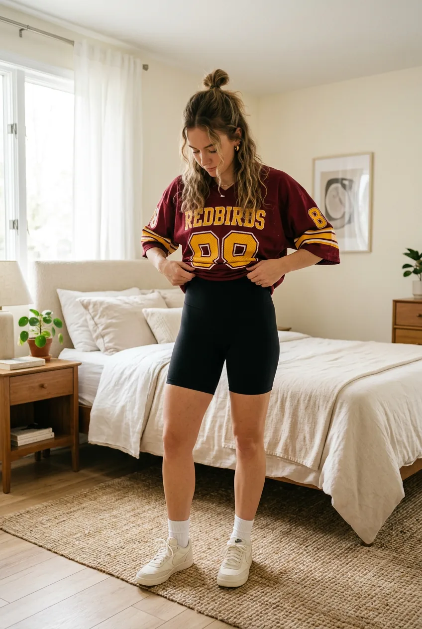 Woman wearing oversized football jersey with fitted black bike shorts showing proportion contrast