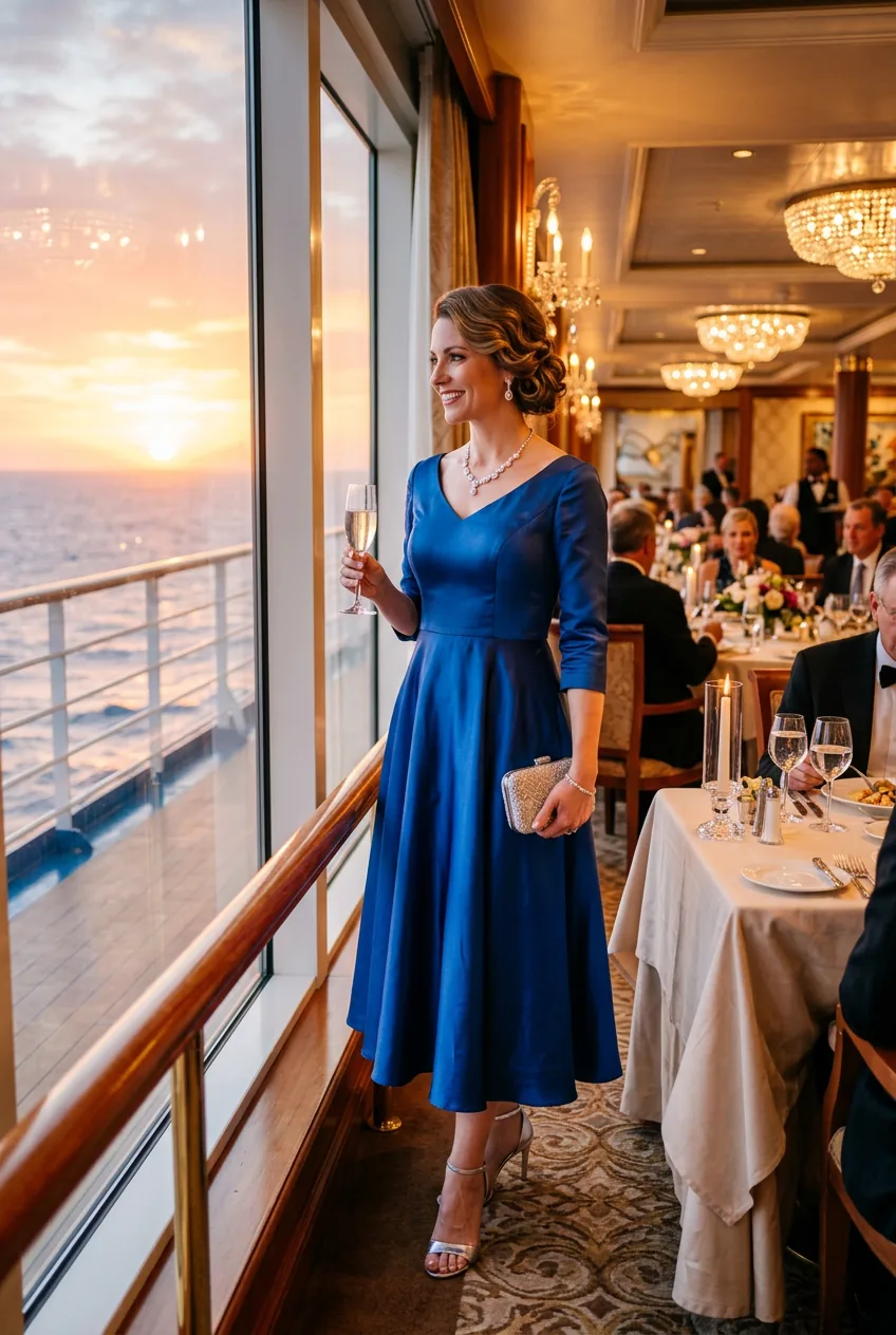 Woman in elegant jewel-tone tea-length dress in formal dining room at sunset