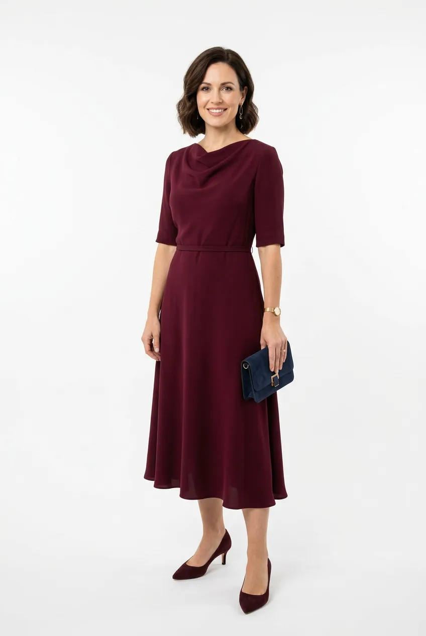 Woman wearing elegant midi dress in deep jewel tone with cowl neckline for awards dinner