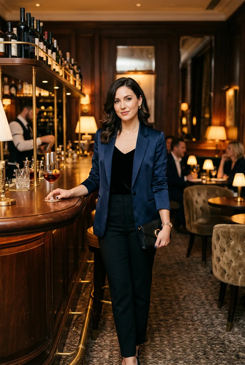 Woman in deep jewel tone outfit combining navy and black colors in elegant hotel bar setting