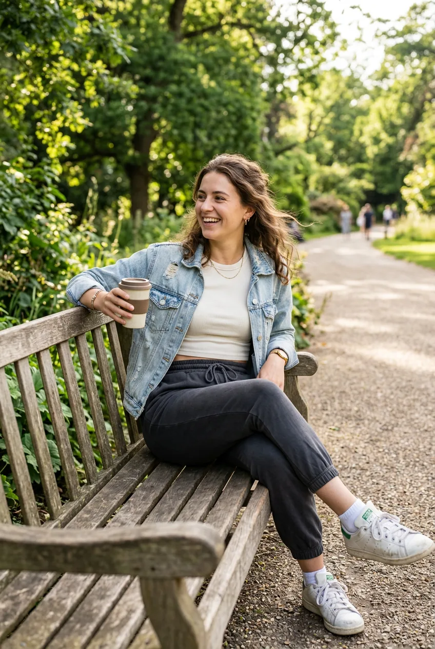 Woman wearing high-waisted joggers and cropped tee with denim jacket on park bench