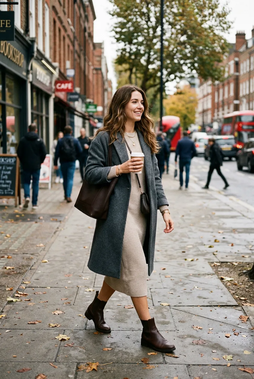 Woman in comfortable knit dress with ankle boots walking on city sidewalk