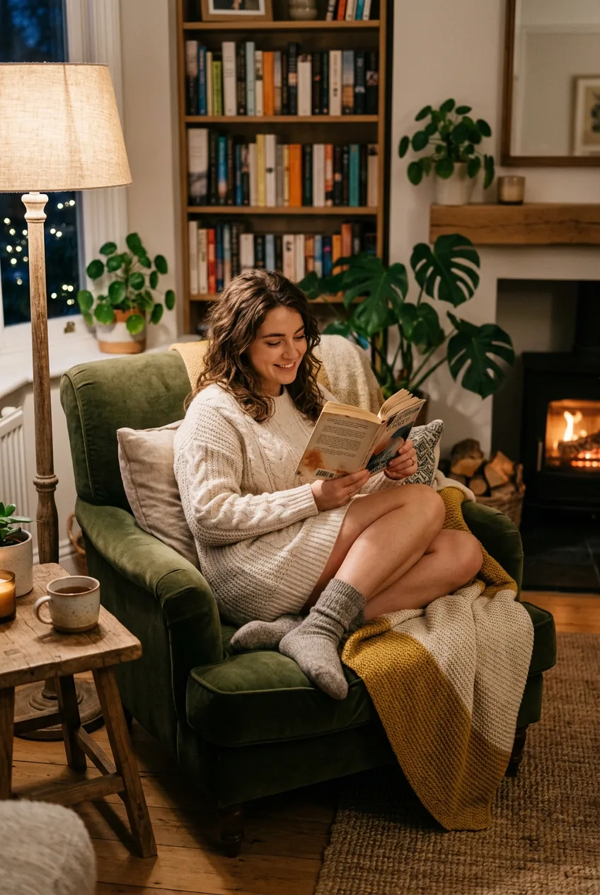 Woman in soft knit sweater dress curled up in reading chair with book and warm lamp lighting