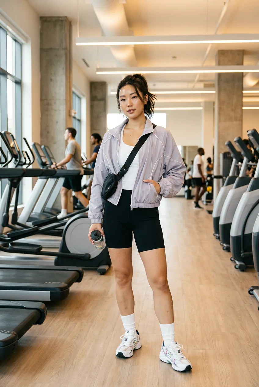 Woman wearing Korean-inspired layered activewear in modern gym environment
