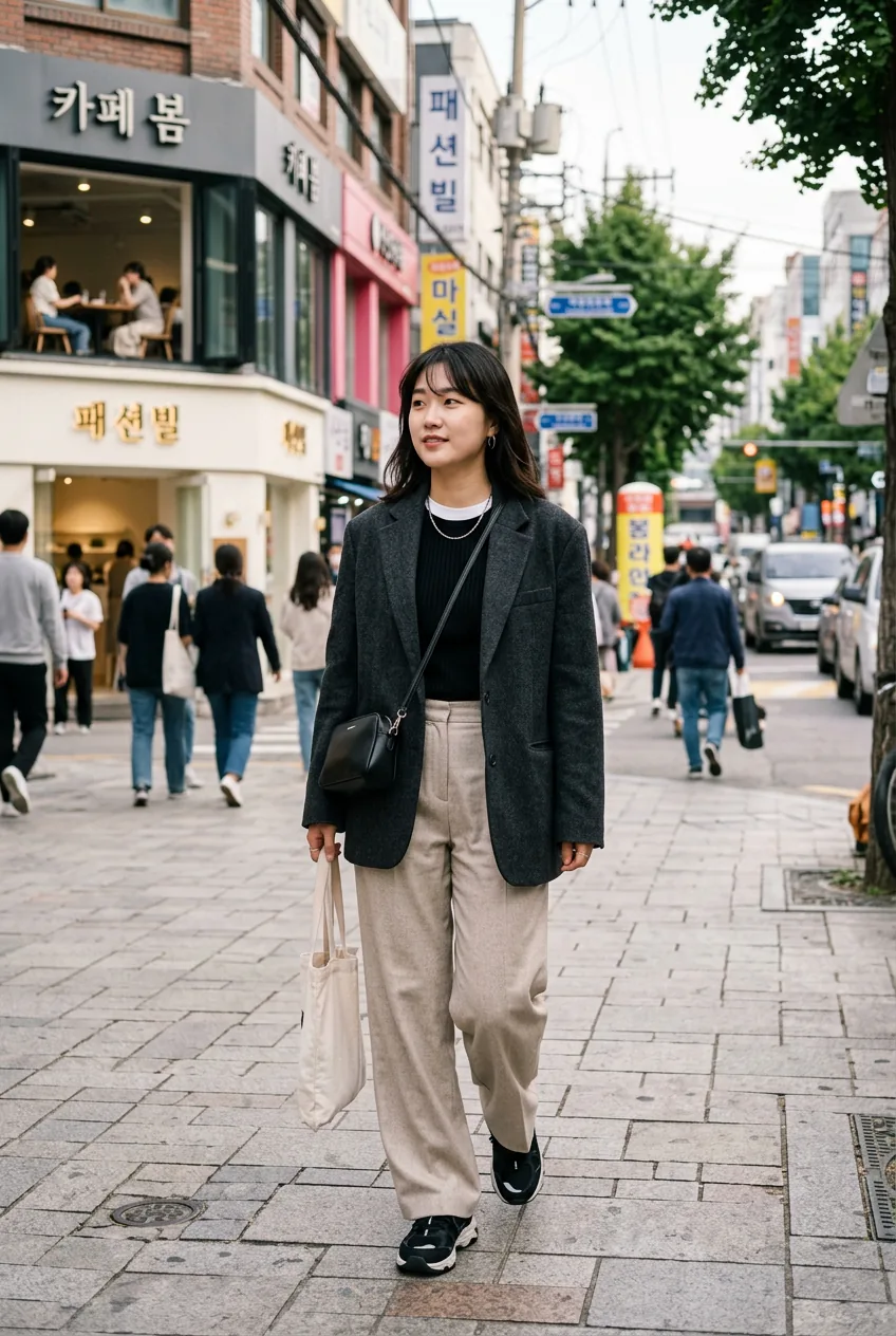 Woman wearing oversized blazer over fitted knit with wide-leg trousers in urban street setting