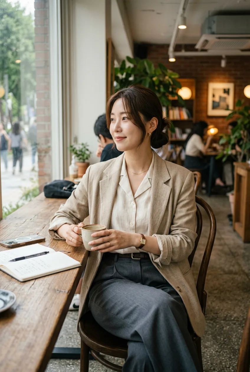 Woman in Korean-influenced workwear styling sitting at modern cafe showing versatile outfit details