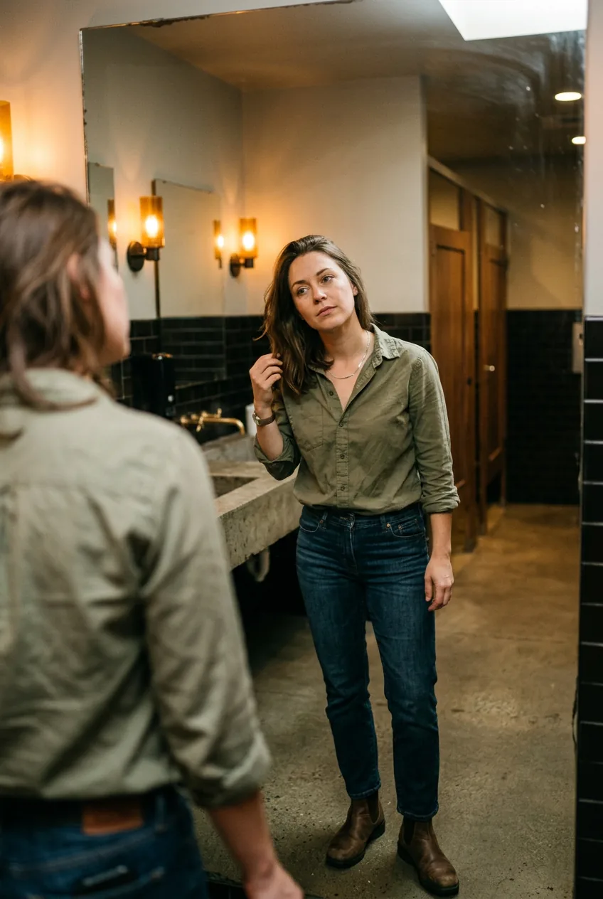 Woman checking mirror reflection after 14 hours wearing same everyday outfit in restaurant