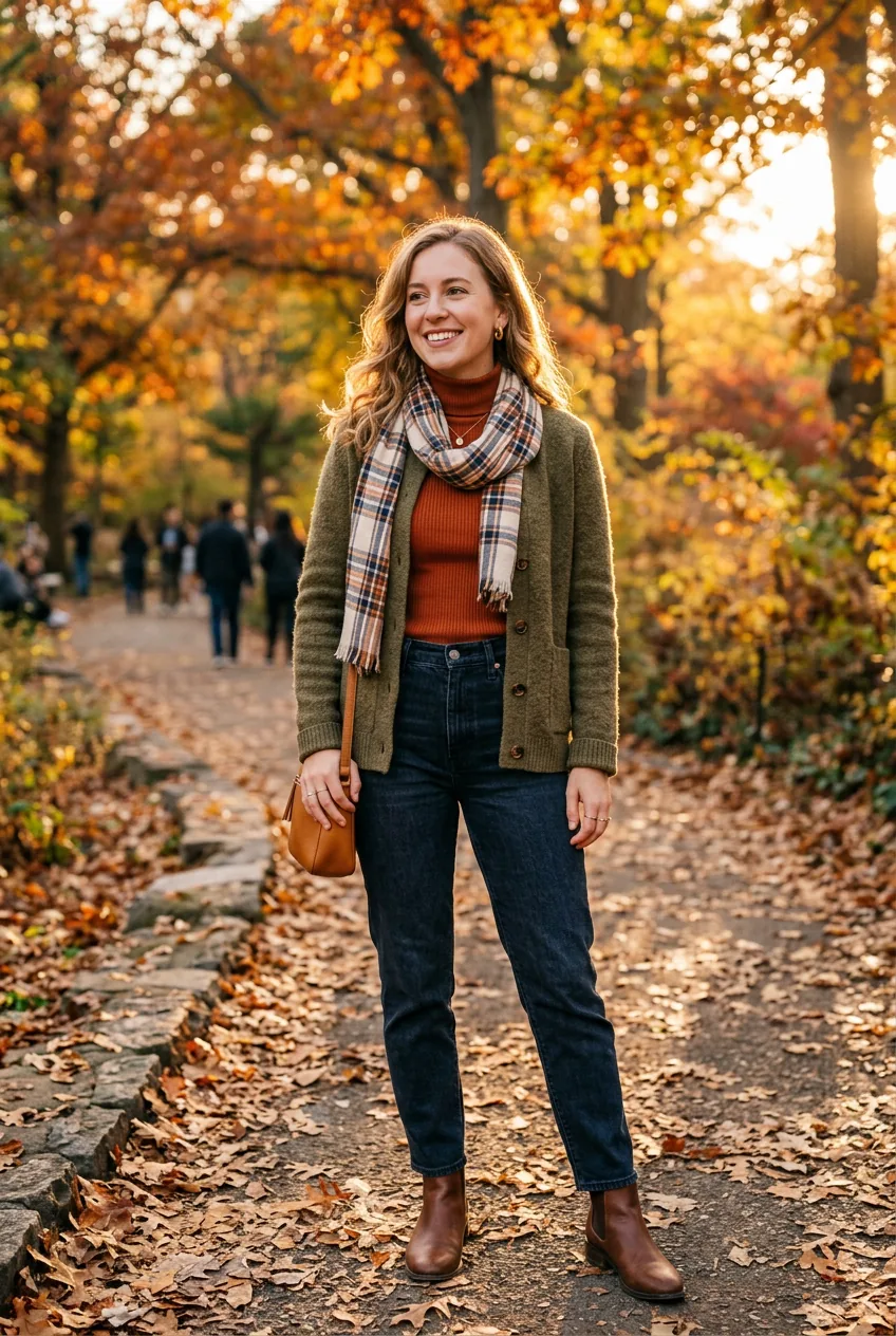 Woman in layered autumn outfit with structured cardigan over fitted turtleneck in golden sunlight