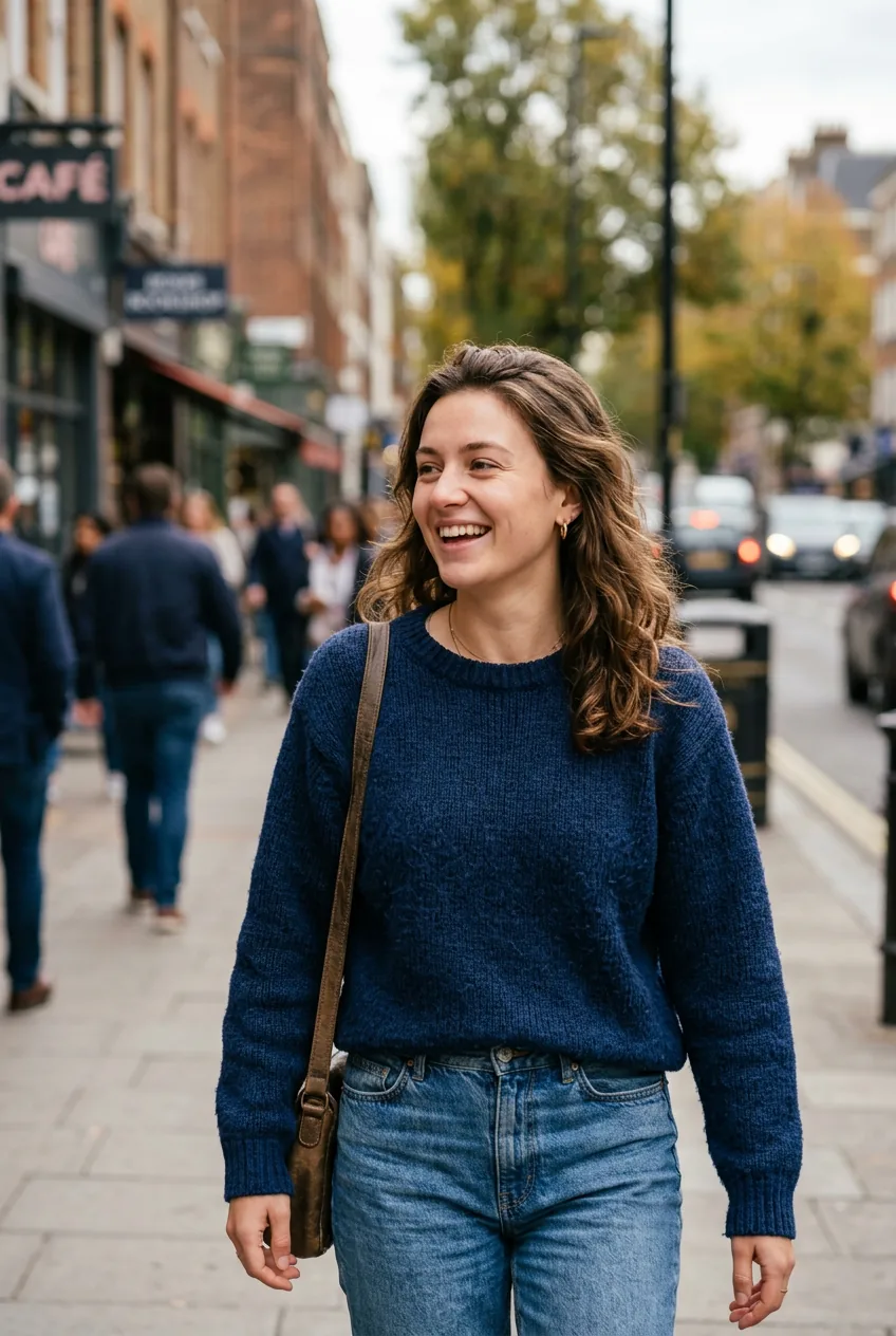 Woman in well-worn jeans and soft sweater in natural daylight on city street
