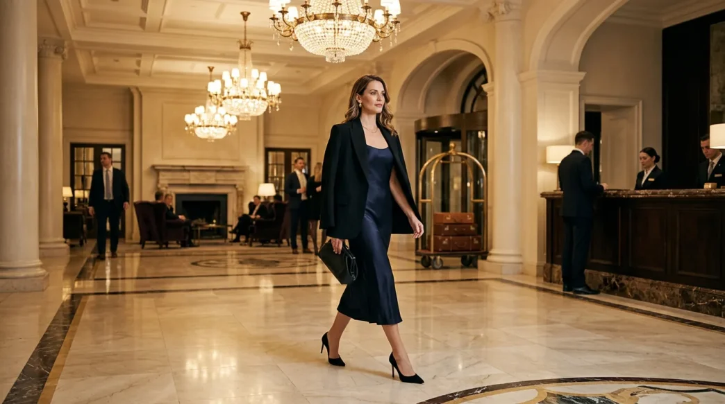 Woman crossing elegant hotel lobby in winter evening formal attire with warm chandelier lighting