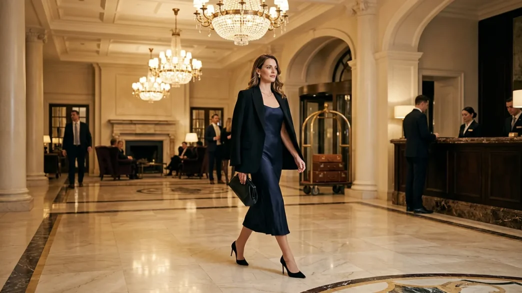 Woman crossing elegant hotel lobby in winter evening formal attire with warm chandelier lighting