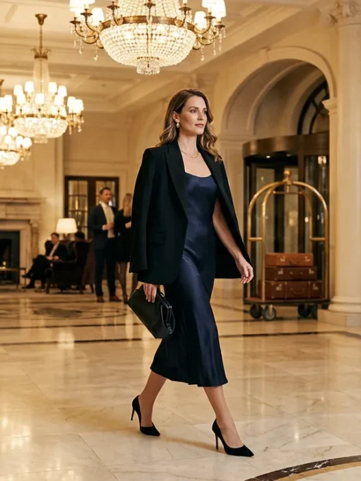 Woman crossing elegant hotel lobby in winter evening formal attire with warm chandelier lighting