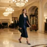 Woman crossing elegant hotel lobby in winter evening formal attire with warm chandelier lighting