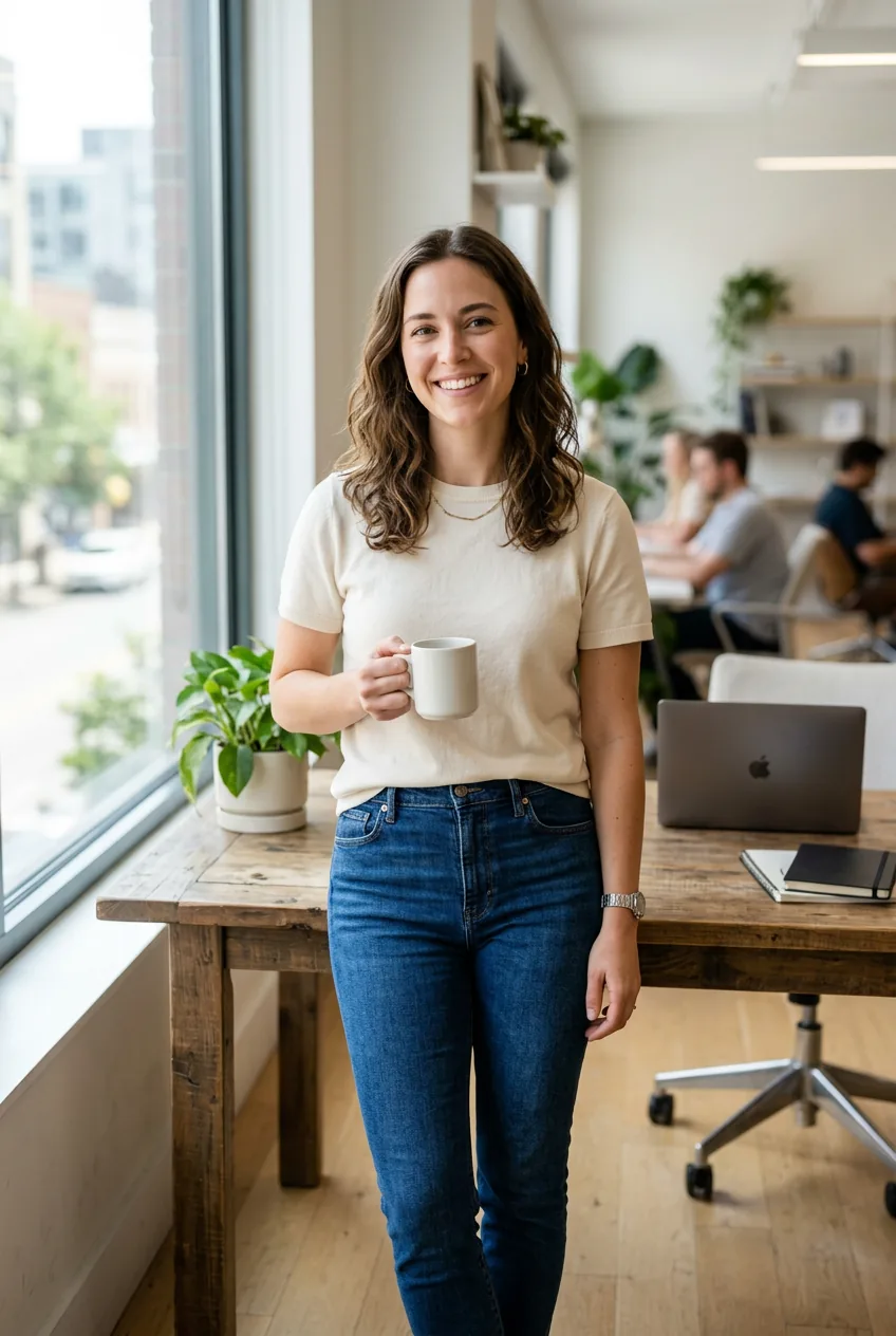 Woman in office setting wearing jeans and cream cotton tee without outer layer