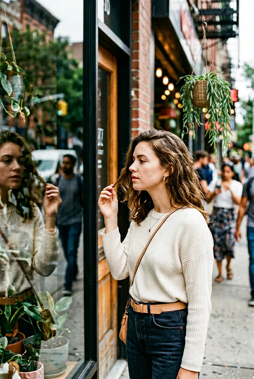 Woman in casual outfit checking her reflection near storefront in natural midday lighting