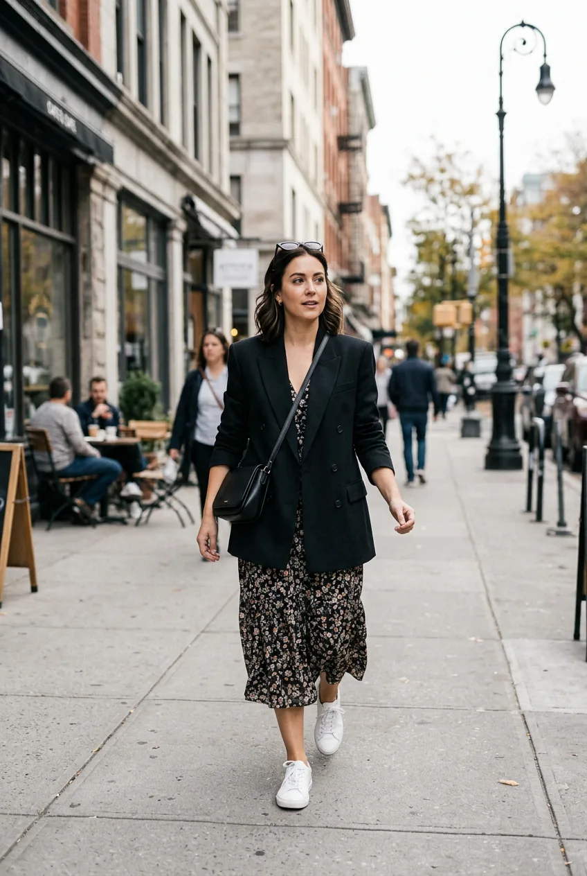 Woman in midi dress with statement blazer walking on urban sidewalk with soft lighting