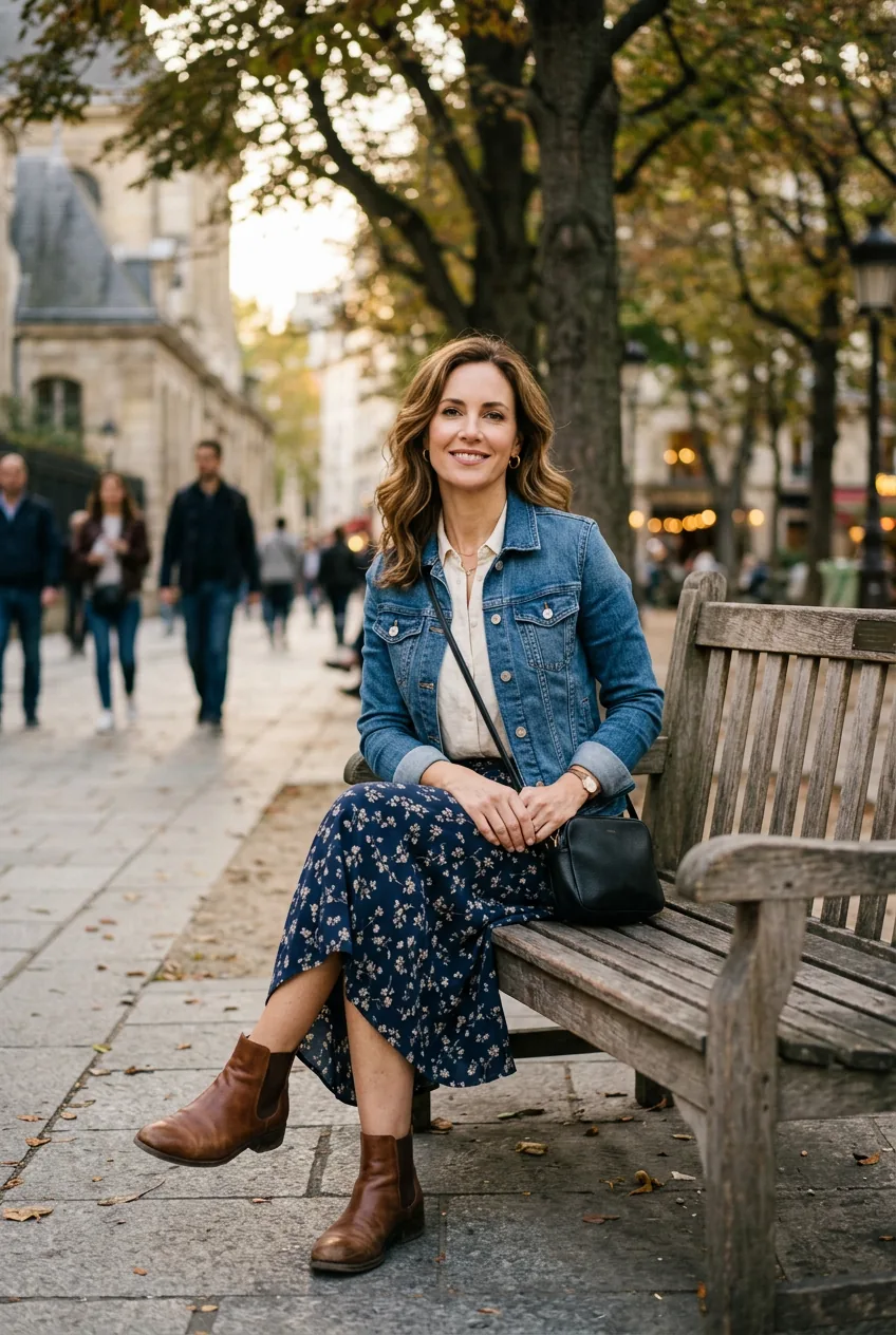 Woman in midi skirt and tucked blouse sitting elegantly with ankle boots visible