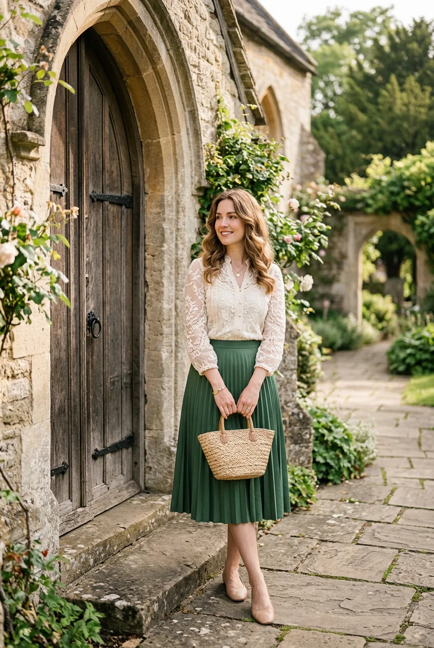 Woman in midi skirt and lace-detailed blouse standing by church entrance in soft morning light