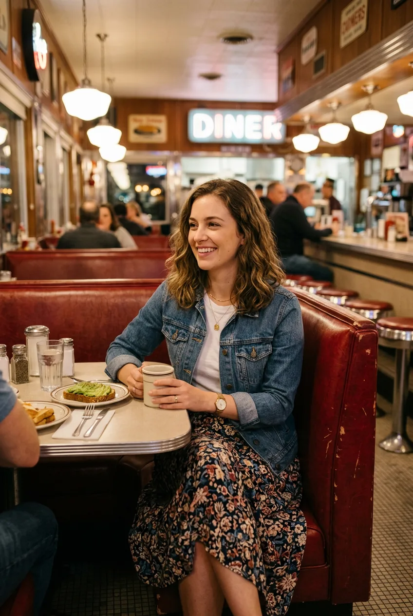Woman wearing flowy midi skirt with fitted t-shirt and denim jacket for weekend dining