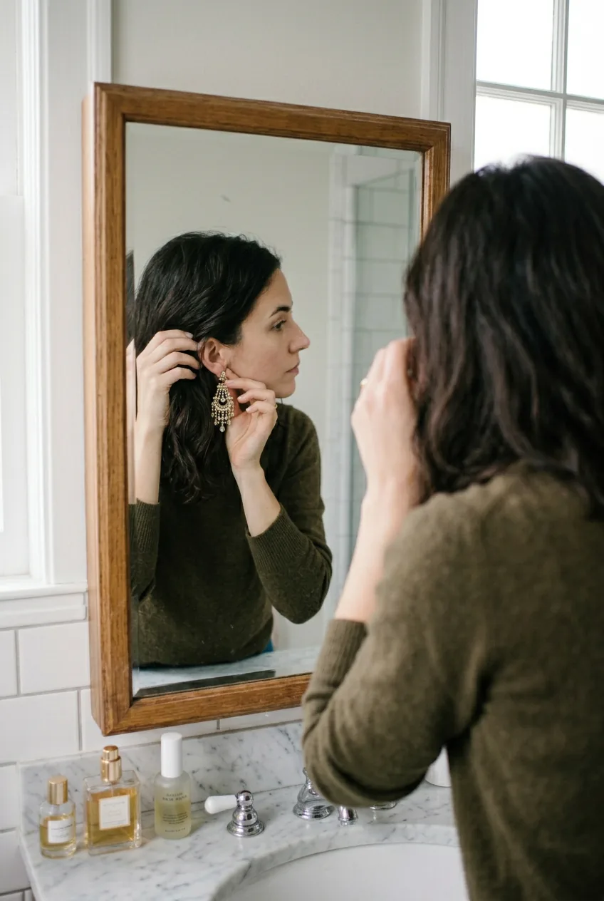 Woman's reflection in mirror while adjusting statement chandelier earrings and positioning hair
