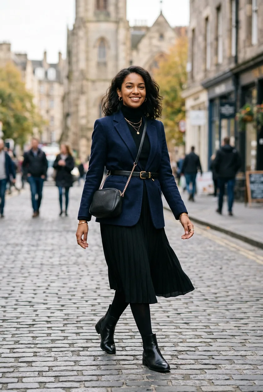 Woman confidently wearing mixed neutral tones with navy and black pieces combined in urban setting