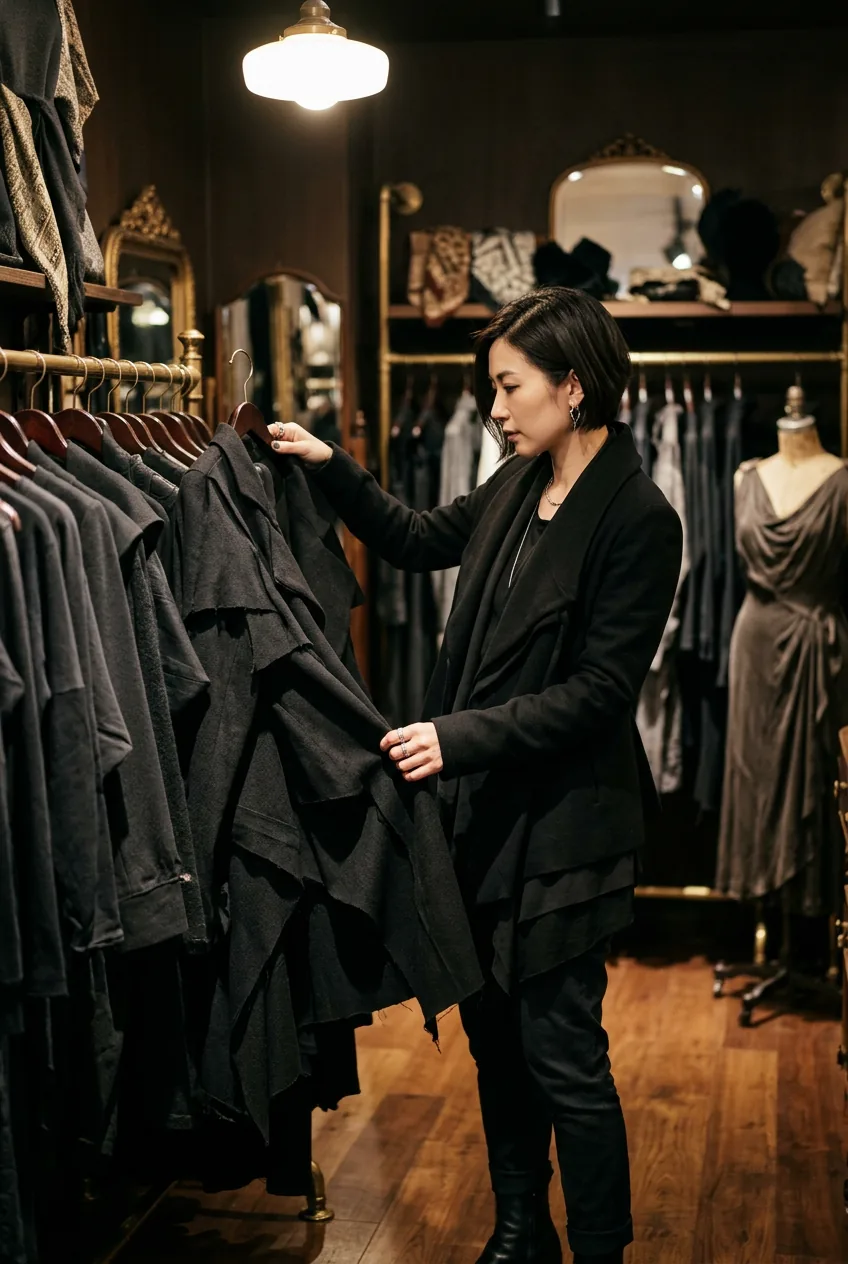 Woman looking at layered black garments with architectural silhouettes in upscale boutique setting