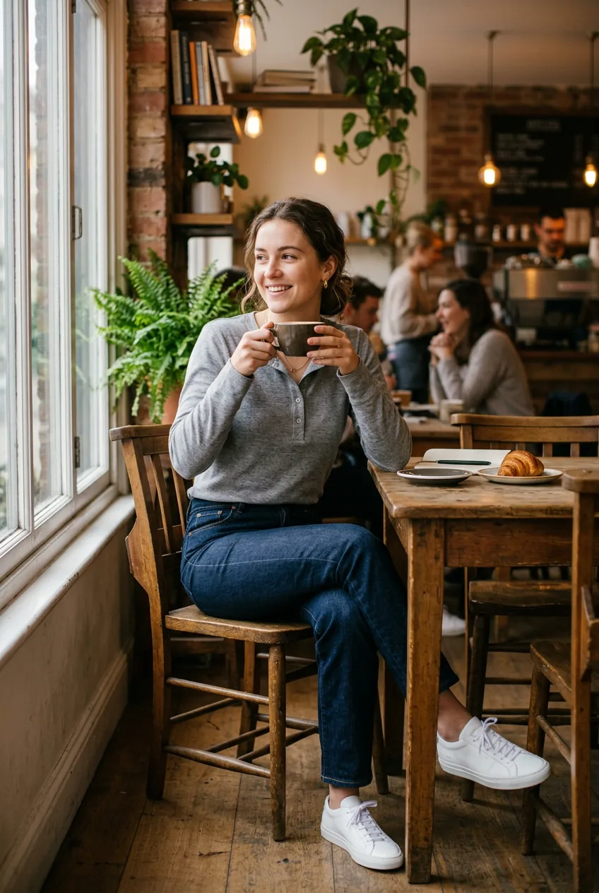 Woman wearing gray henley and dark jeans with white sneakers in morning coffee shop setting