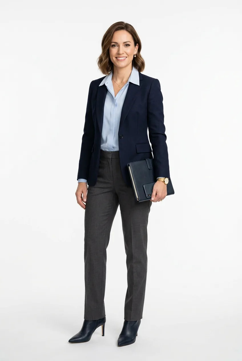 Woman in coordinated charcoal trousers with navy blazer and soft blue button-down blouse