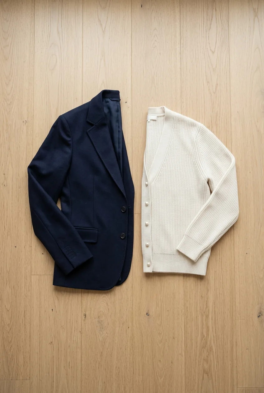 Navy blazer and cream cardigan laid open showing structured shoulders and quality construction