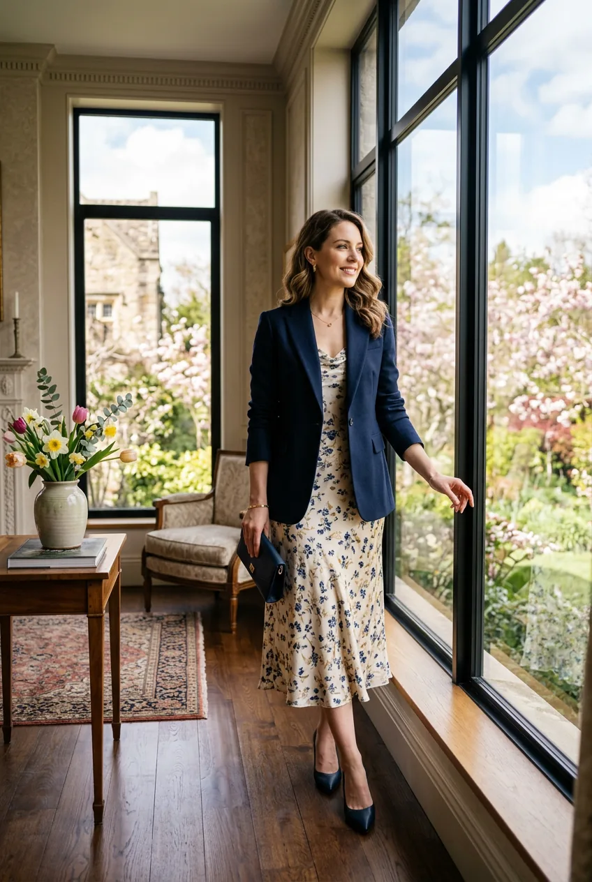 Woman in navy blazer over silk dress standing by large windows in natural spring lighting