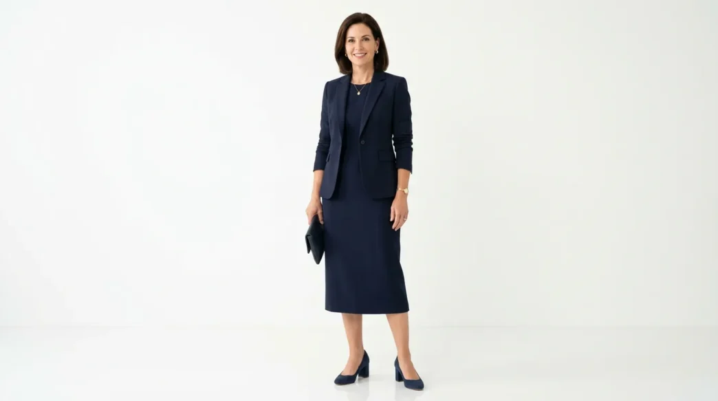 Woman in navy midi dress with structured blazer and block heels for conference keynote presentation