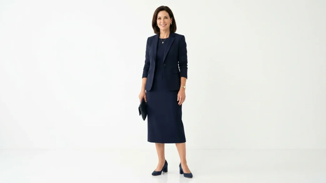 Woman in navy midi dress with structured blazer and block heels for conference keynote presentation
