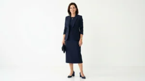 Woman in navy midi dress with structured blazer and block heels for conference keynote presentation