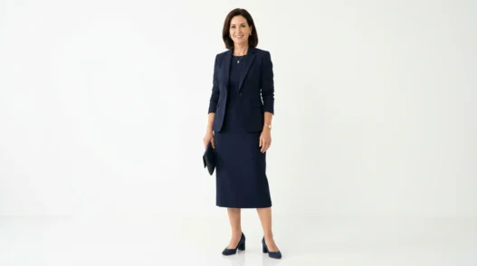 Woman in navy midi dress with structured blazer and block heels for conference keynote presentation